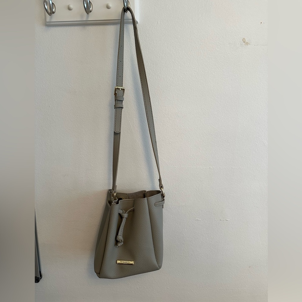 Gray leather mini bucket purse - leather drawstring, closure plus snap at top